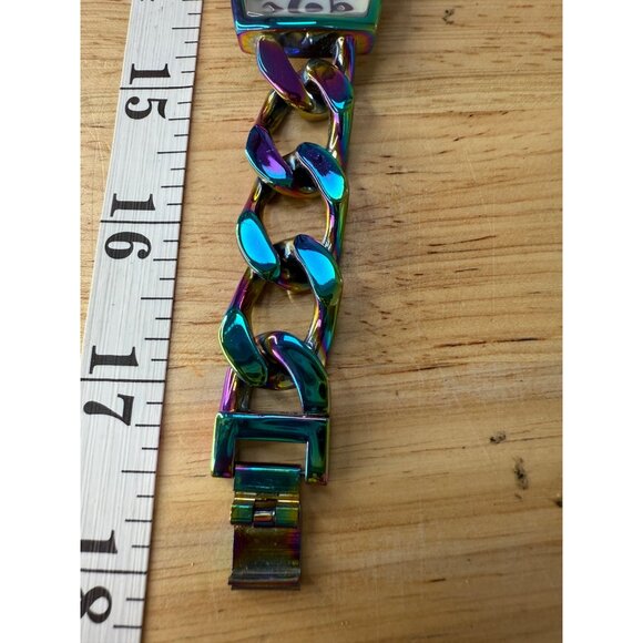 Betsey Johnson Womens Iridescent Oil Slick Chain Link Watch With Square Face - Picture 5 of 12